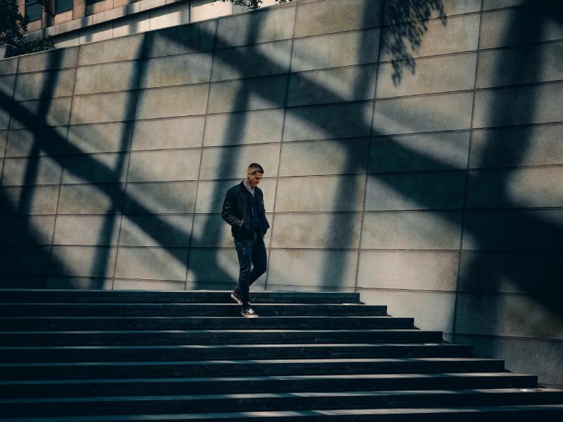 Man walking down the stairs, taken with Fujifilm GFX 50S Mark II camera