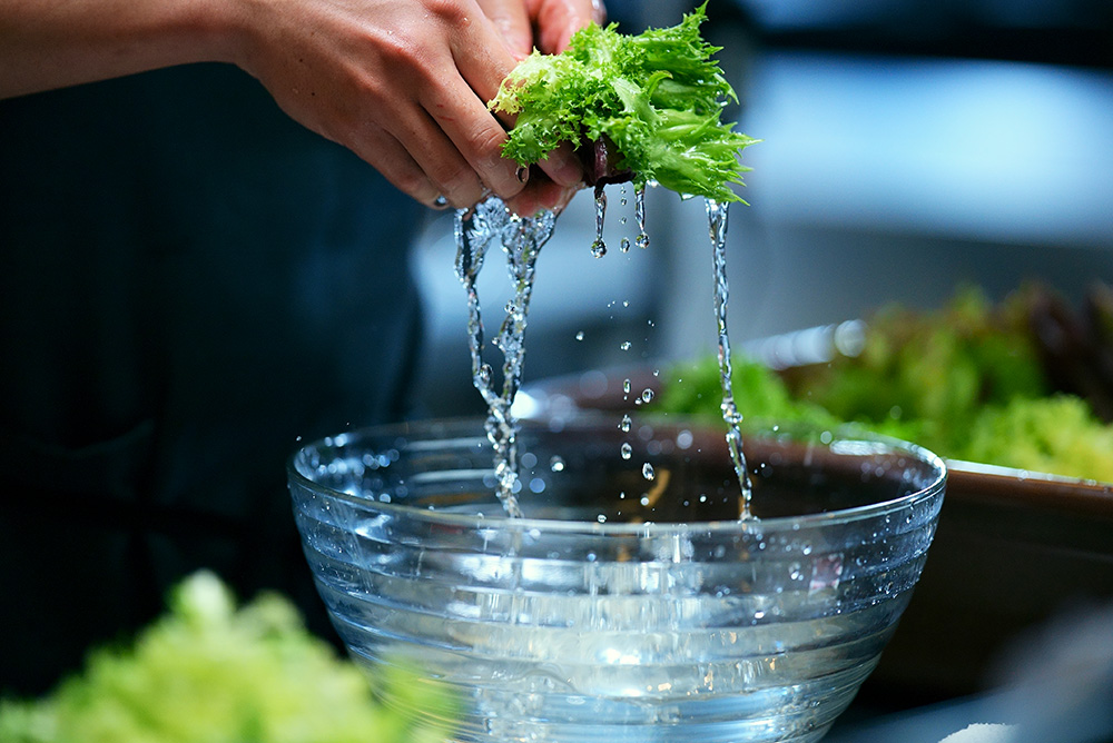 Hands pulling dripping lettuce out of a glass bowl, shot with the Sony a7s III