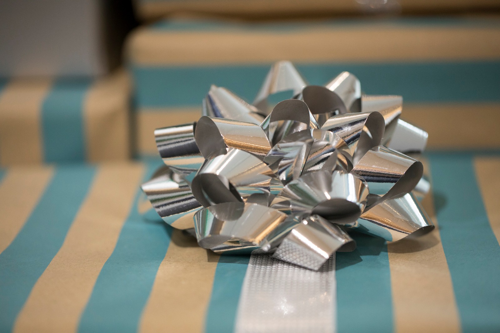 silver ribbon on a christmas gift