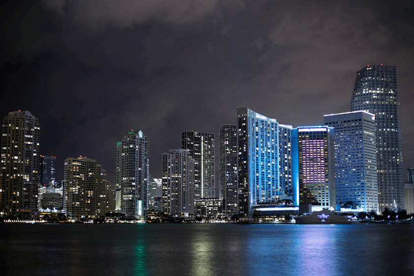 Lit-up city buildings by the water below a cloudy night sky, photographed using the Canon 50mm 1.8 STM lens