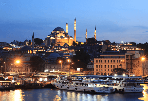 Suleymaniye Mosque, Istanbul and surrounding buildings viewed across the water at twilight, photographed with the Canon 90D