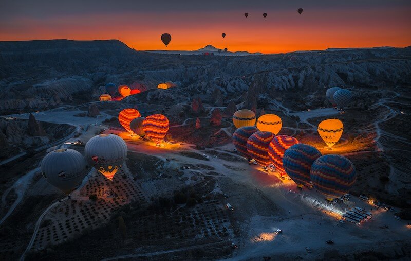 Hot air balloons on the ground, taken using the DJI Mavic 3 Drone