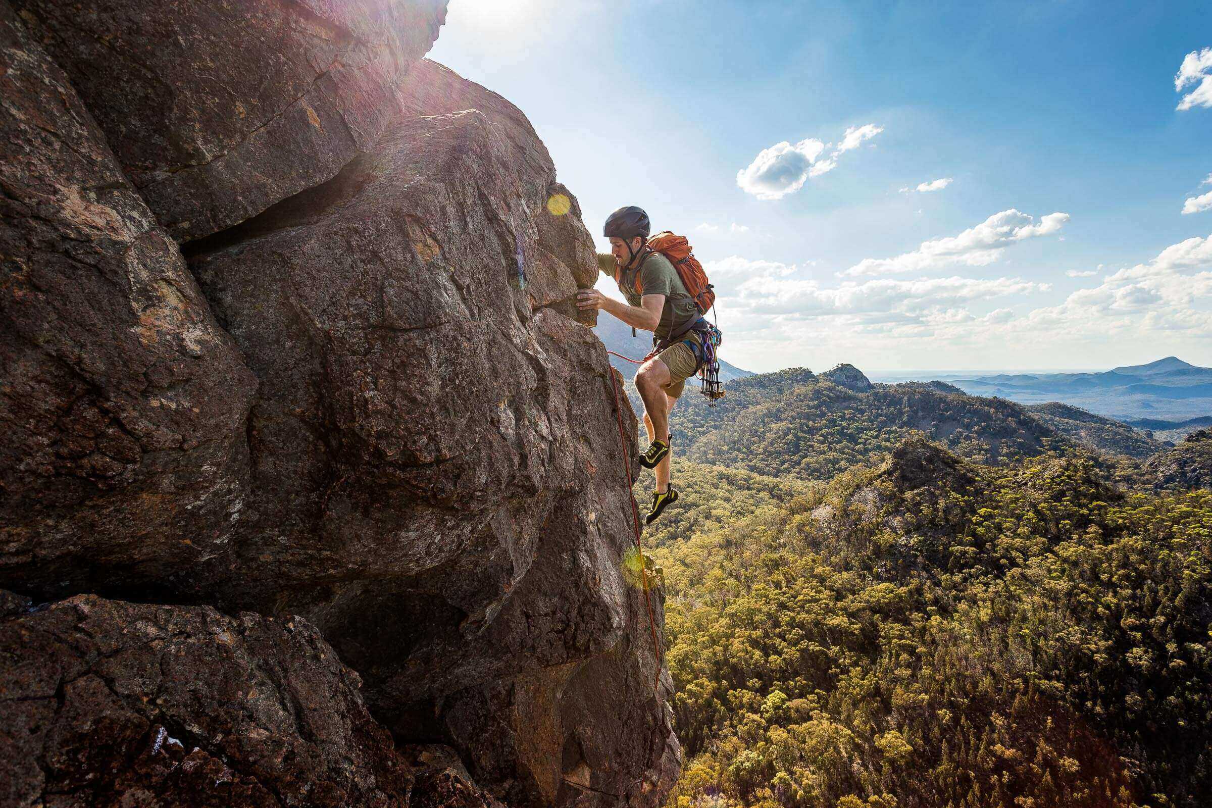 Nick Foster climbing Cornerstone Rib, a classic route in the Warrumbungles, NSW