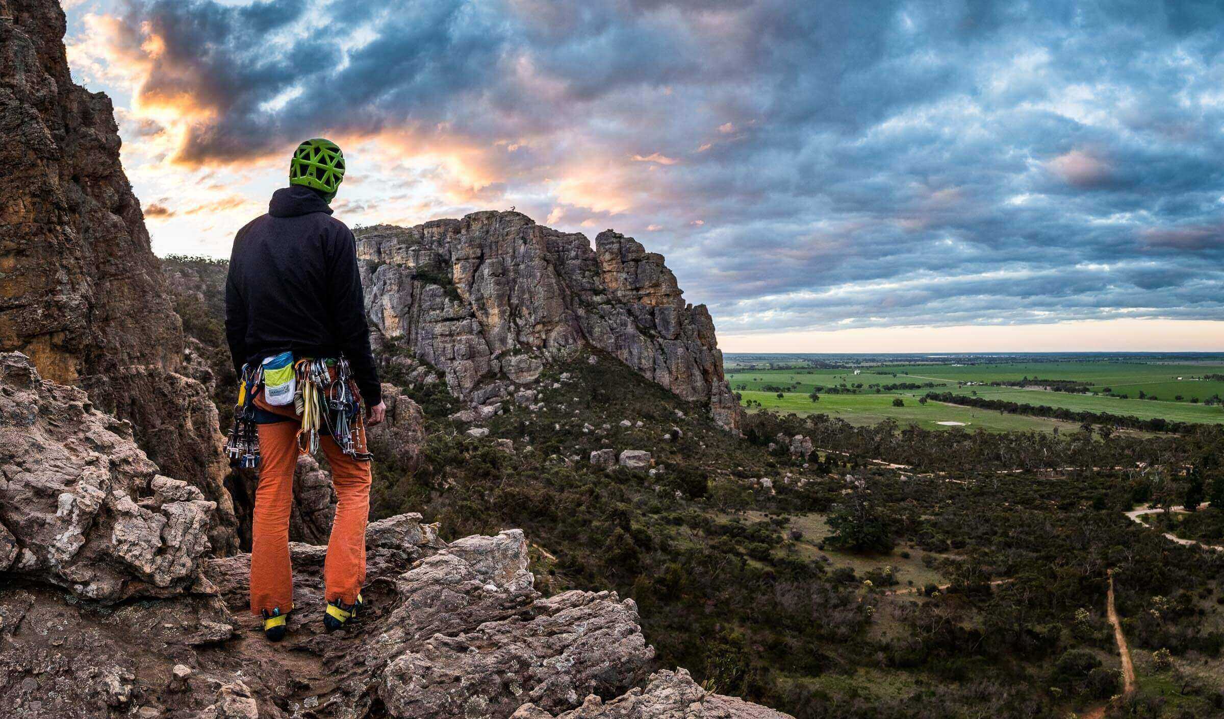 A stitched panorama of Mike McCormack watching sunset over the rock climbing mecca of Mount Arapiles, Victoria 