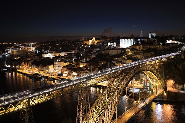 Douro River, D. Luis Bridge and Porto cityscape at night, photographed with the Canon RF 35mm f1.8 lens