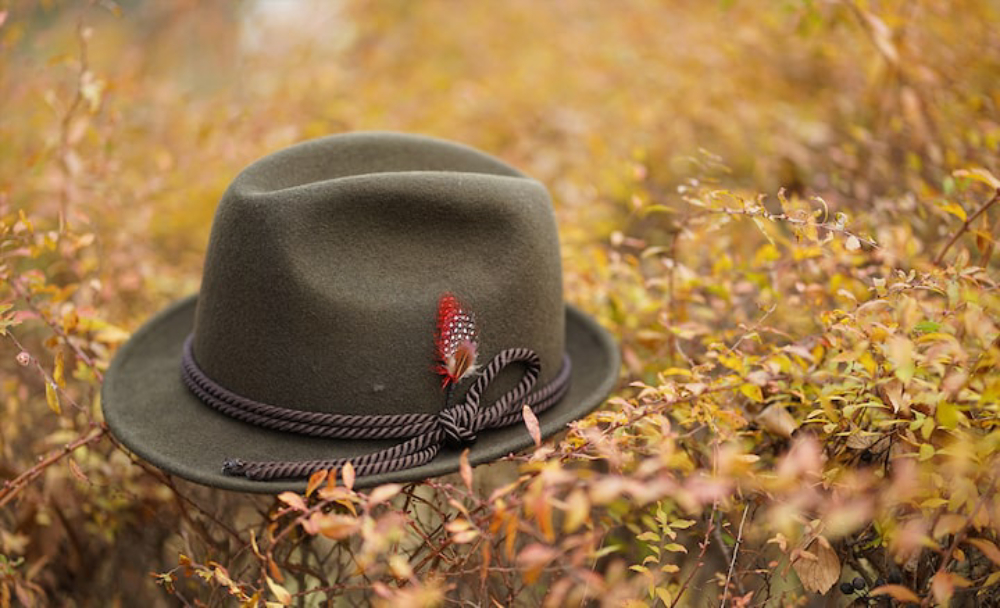 Brown trilby hat with feathers resting on an autumn coloured hedge, shot in shallow focus with the Sony 85mm 1.8 lens