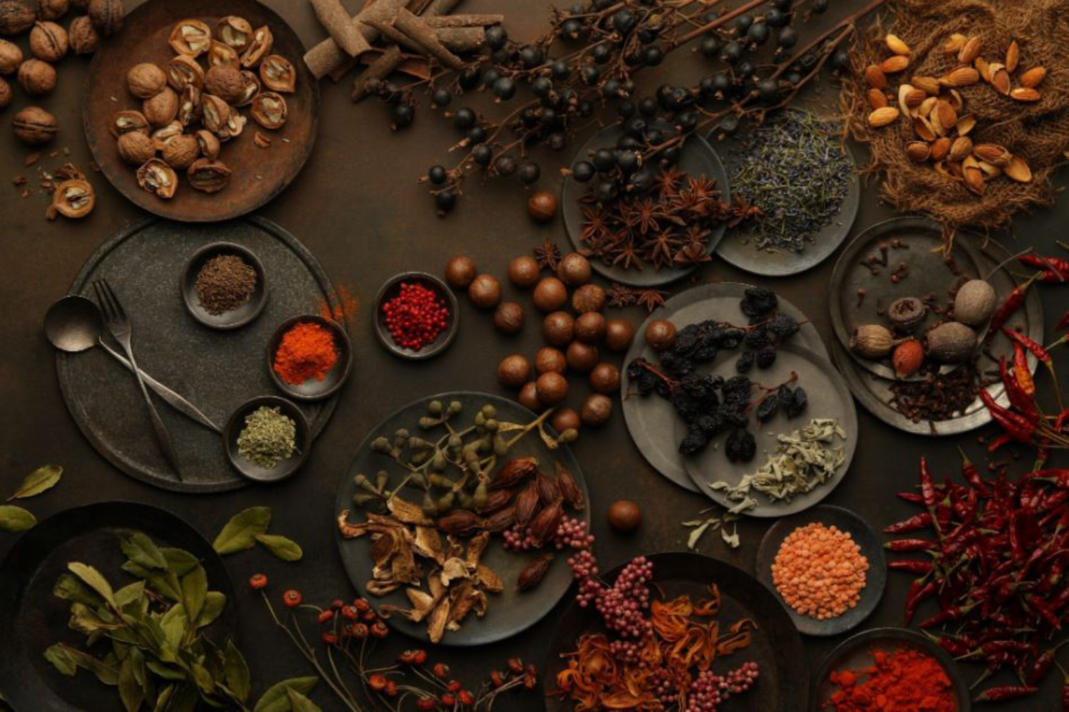 Plates & piles of assorted spices, nuts & other dry ingredients on a dark, earthy background, shot with Sony 85mm f1.4 GM lens