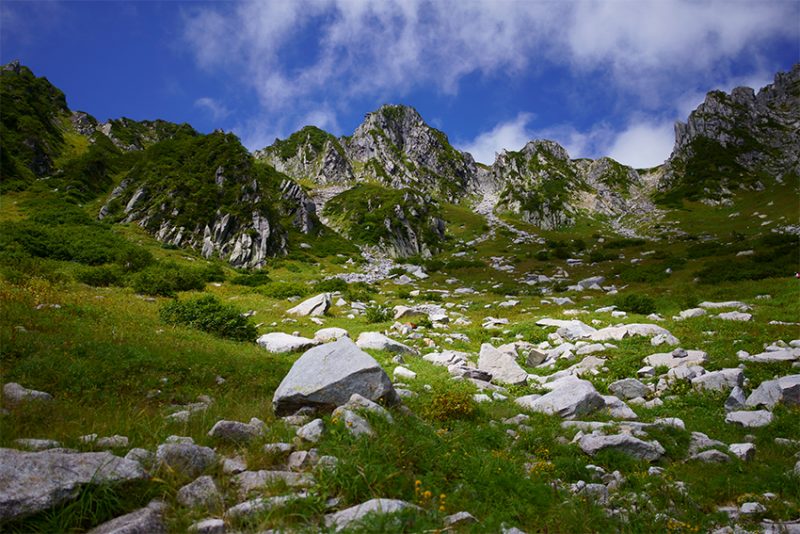 View from the foot of grassy, rocky mountains beneath a cloudy blue sky, photographed with the Tamron 24mm f2.8 Sony lens