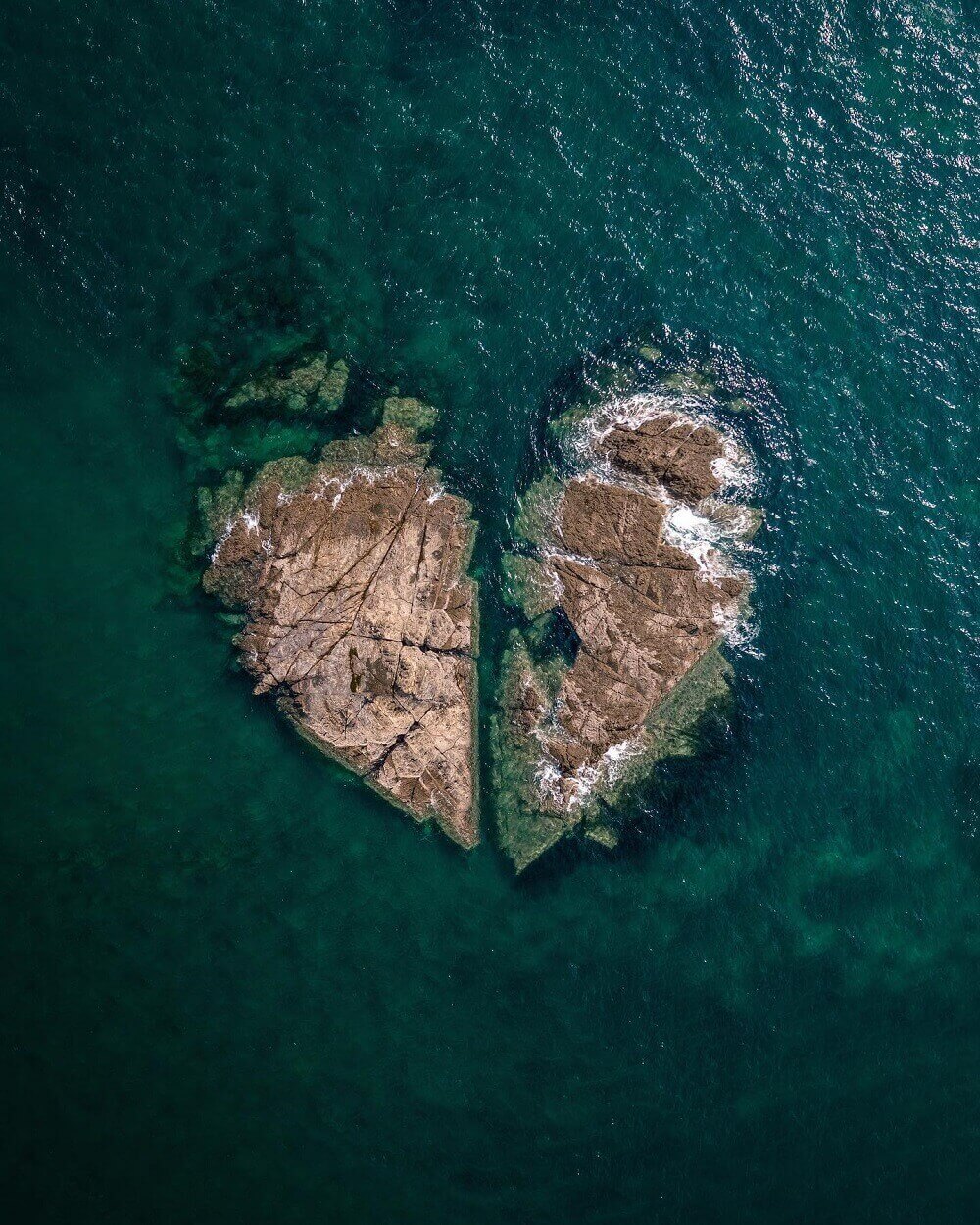 aerial photograph of a a heart-shaped island