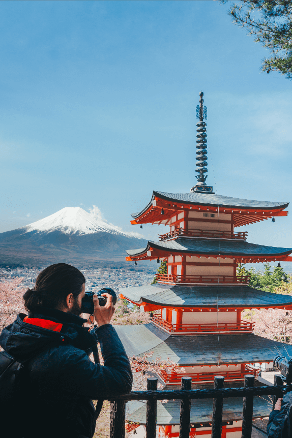 Man taking a picture of a pagoda