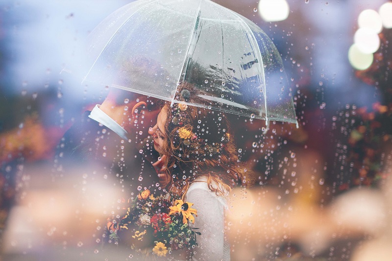 a wedding photo of the newly weds sharing an umbrella under the rain