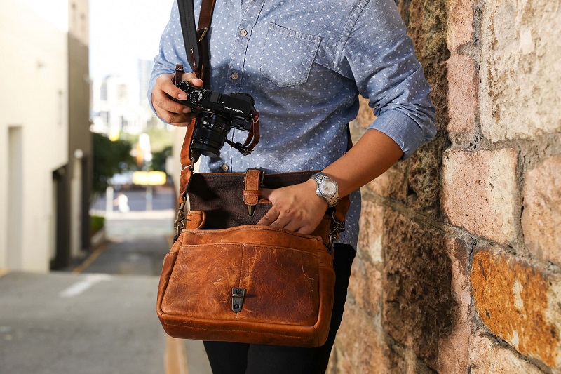 ona leather camera bag with fujifilm camera