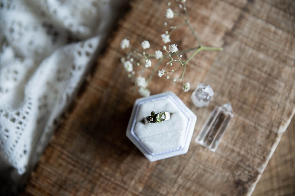 Flat lay shot of a wedding ring