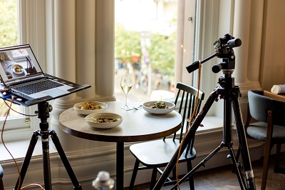 studio set up of tripods and camera for product photography