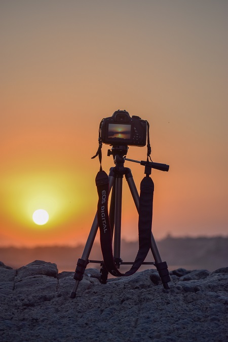 travel photography camera on a tripod