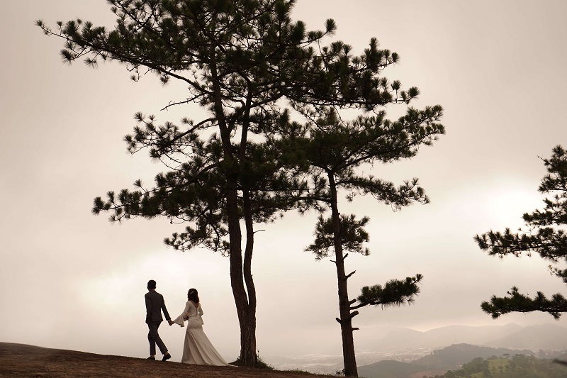 a wedding photo of the groom leading the bride while walking up the hill